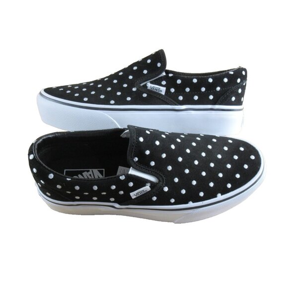 Vans Women's Classic Slip On Platform Suede Polka Dot Shoes Black White Sizes - Picture 1 of 7